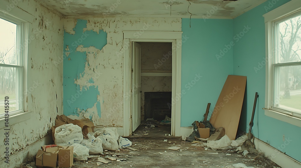 Derelict room, peeling paint, debris (1)