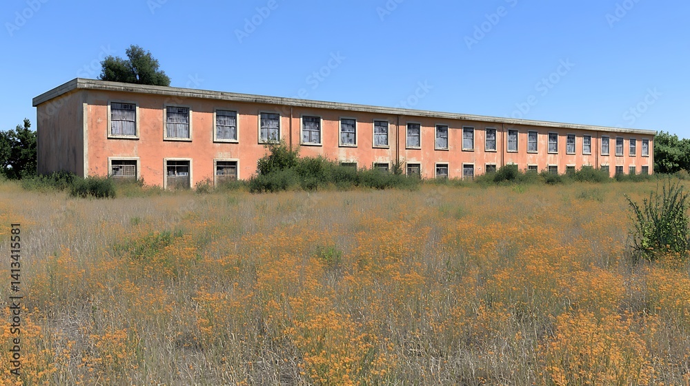 Derelict peach building amidst wildflowers Derelict peach building amidst wildflowers