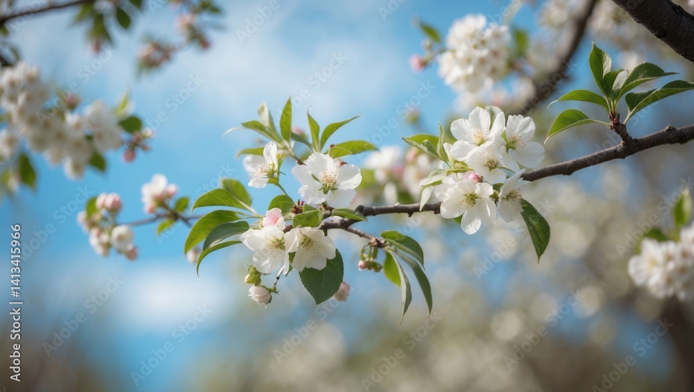 Obraz premium Detailed view of apple tree branches in bloom featuring white flowers and lush green leaves, picturesque flower garden, nature, floral frame, space for text