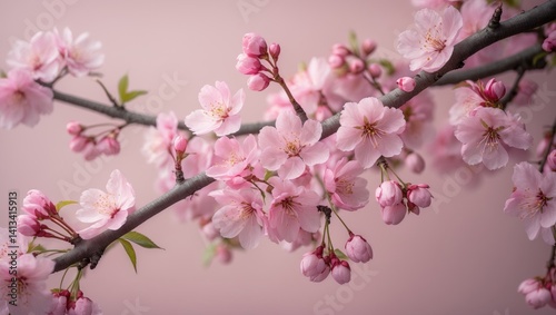 Wallpaper Mural Isolated spring blossoms on a pink background, close-up of blooming tree branch flowers, pastel pink backdrop, delicate floral blooms, springtime theme. Torontodigital.ca