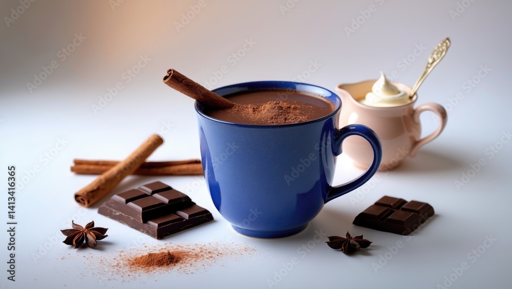 Hot chocolate with cinnamon and star anise in a blue mug on a white backdrop. Warm beverage.