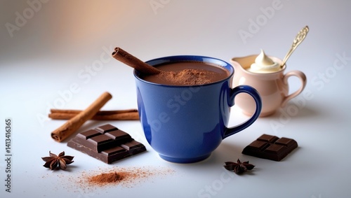 Obraz na płótnie Hot chocolate with cinnamon and star anise in a blue mug on a white backdrop. Warm beverage. w salonie