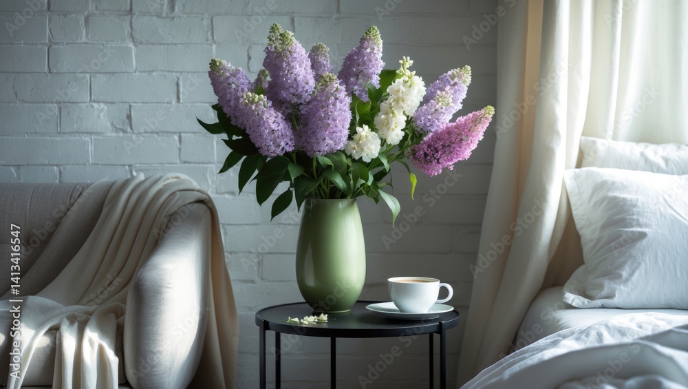 Morning in a snug bedroom during spring with a coffee table holding a variety of flowers, a coffee cup, and a white bed
