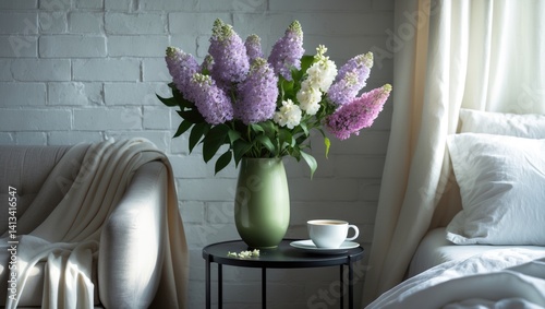 Obraz na płótnie Morning in a snug bedroom during spring with a coffee table holding a variety of flowers, a coffee cup, and a white bed w salonie