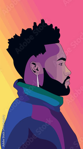 Colorful abstract portrait of young african male with earring on vibrant gradient background flat vector illustration
