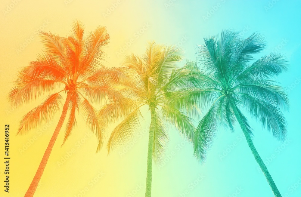 Obraz premium Three Palm Trees on Bright Gradient Sky. Retro Color Tropical