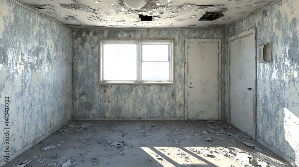 Derelict room, peeling walls, debris