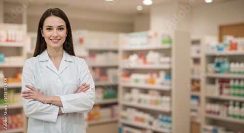Confident female pharmacist in white lab coat, arms crossed and smiling, standing in a bright pharmacy, soft pastel background with health product shelves