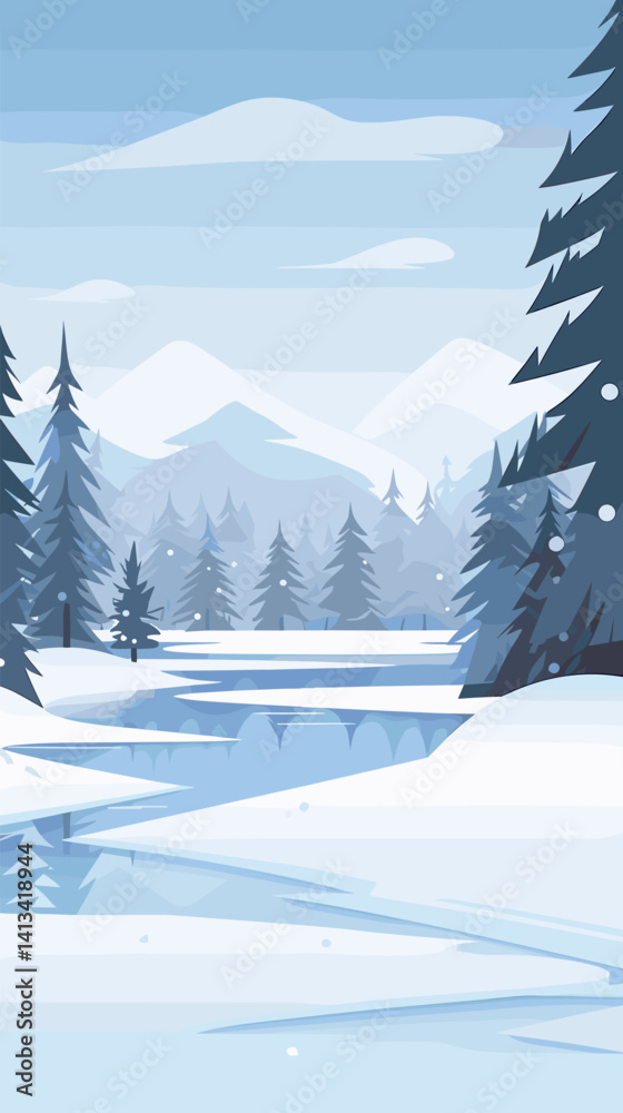 Naklejka premium Snow-covered winter forest scene with snowy mountains and tall pine trees flat vector illustration