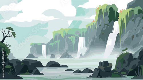 Serene waterfall landscape with cascading falls and lush vegetation flat vector illustration
