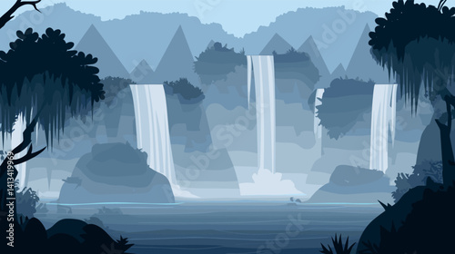Serene misty waterfall landscape with cascading waterfalls in nature flat vector illustration