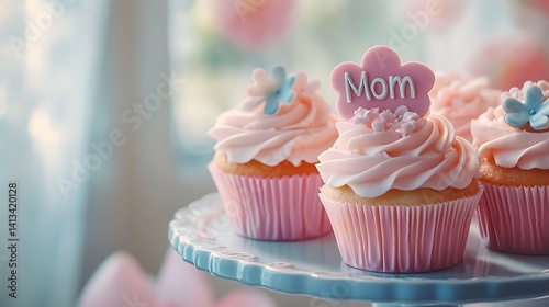 Pastel pink cupcakes decorated with flower toppers and “Mom” message – sweet and elegant Mother’s Day dessert setup with soft lighting and floral details

