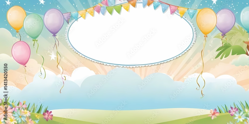 Pastel Balloon birthday Party Background with Stars and Clouds Pastel Balloon birthday Party Background with Stars and Clouds