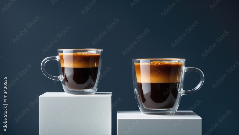 Two espresso cups on podiums with a backdrop. Two espresso cups on podiums with a backdrop.