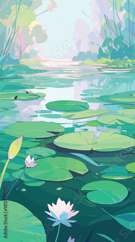 Tranquil pond with green lilypads and blooming water lilies in serene nature flat vector illustration