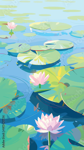 Serene water lilies on a peaceful pond with green lily pads flat vector illustration