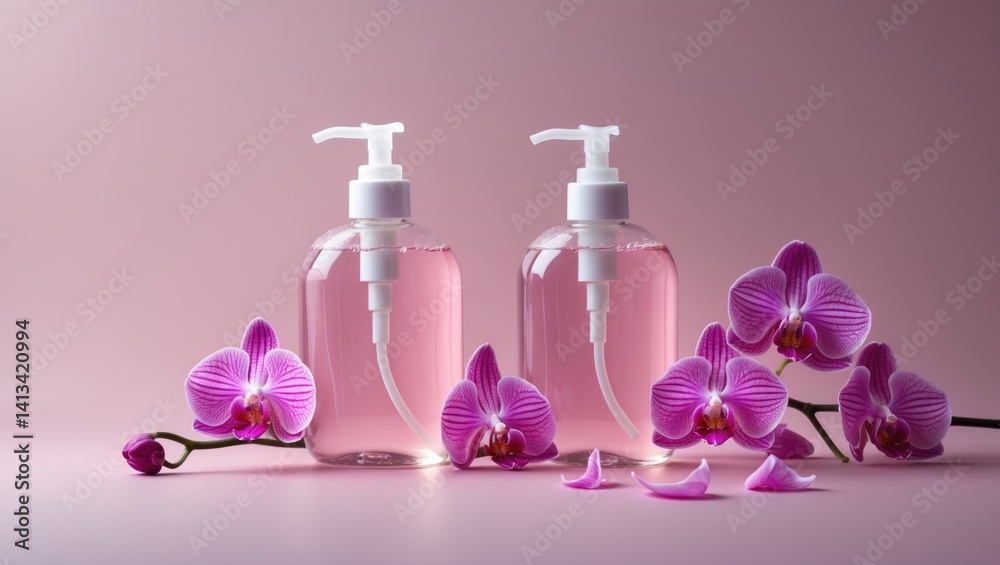 Light background featuring two liquid soap dispenser bottles and pink orchid flowers. Light background featuring two liquid soap dispenser bottles and pink orchid flowers.