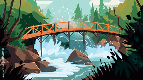 Wooden bridge over rushing river in cartoon forest landscape with waterfall flat vector illustration