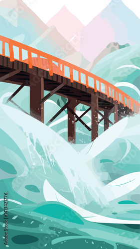 Red bridge over turbulent river in abstract mountain landscape flat vector illustration