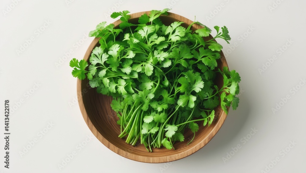 Aerial perspective of fresh coriander leaves in a wooden bowl on a backdrop. Aerial perspective of fresh coriander leaves in a wooden bowl on a backdrop.