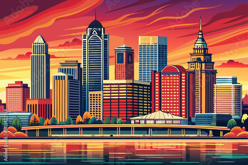 Louisville's Skyline from the Riverwalk at sunset time, Simple cartoon design Flat style vector illustration