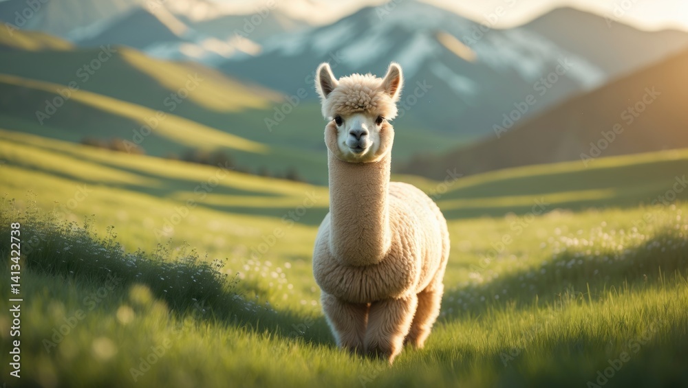 Fototapeta premium Close-up of an adorable curly white alpaca gazing at the camera, illuminated by gentle sunlight next to its shadow on the grass, set against a wide farm with softly blurred stunning mountains in the