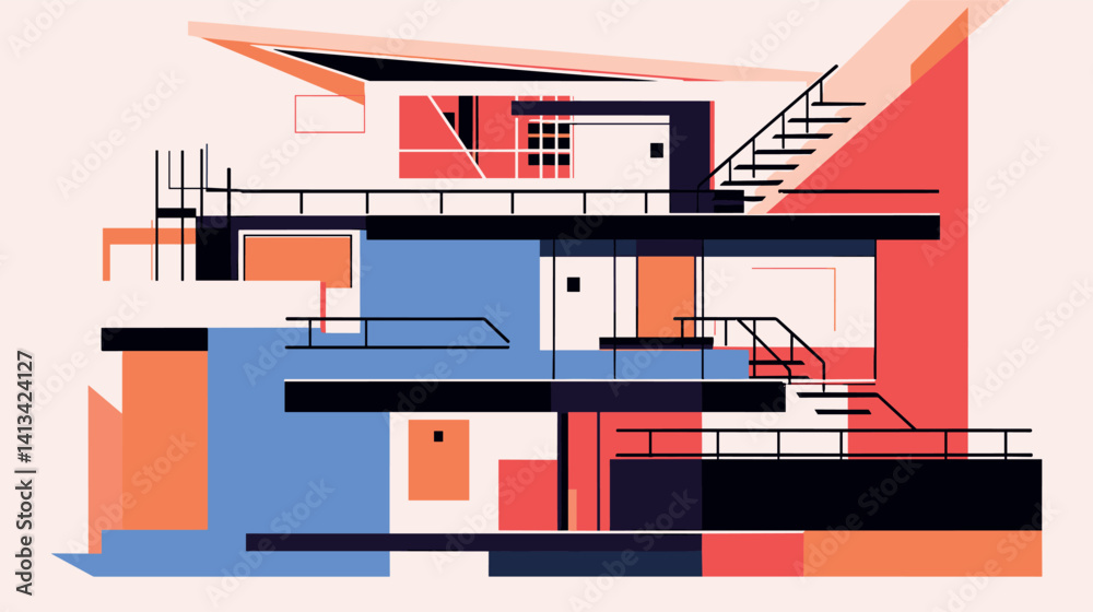Obraz premium Modern geometric abstract architecture in red, blue, and orange flat vector illustration