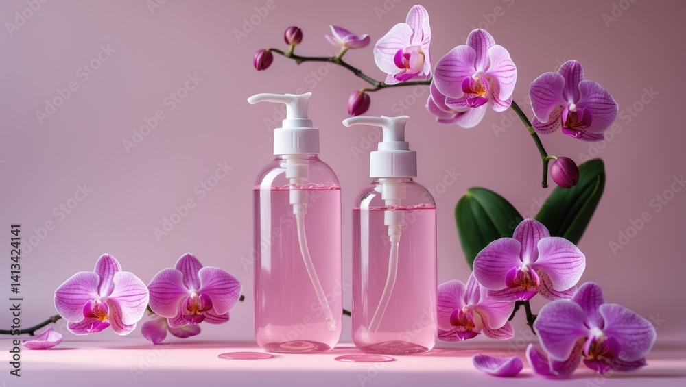 Two plastic soap dispenser bottles with liquid and pink orchid blooms on a light backdrop. Two plastic soap dispenser bottles with liquid and pink orchid blooms on a light backdrop.