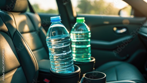 Plastic bottle of water on car seat in sunlight, dangers of heating, bottled drinking water inside car, very hot conditions, risks of leaving car in sun. photo
