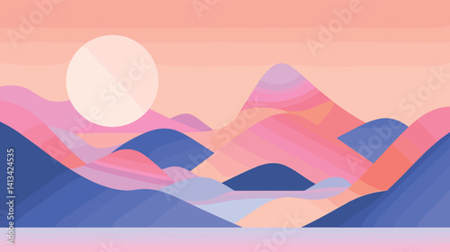 Abstract pastel landscape with sun and mountains in soft gradient colors flat vector illustration