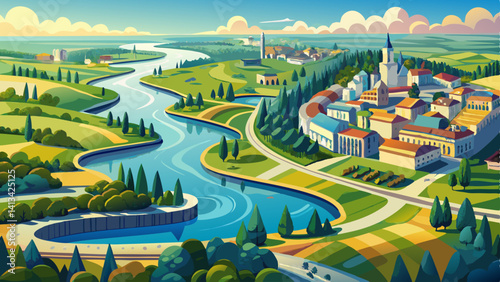 Aerial view of a wide river winding towards a city with parkland along side
