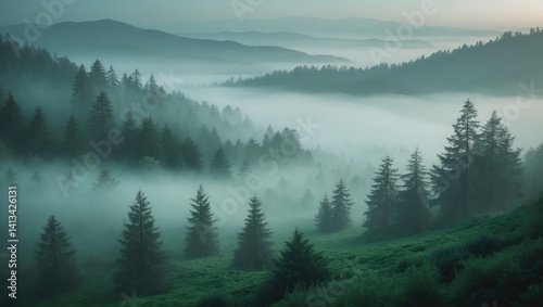 Fototapeta Naklejka Na Ścianę i Meble -  Grand panorama of lovely misty mountains in a foggy landscape. Dramatic and rare view. Travel scenery. Unveiling the world's beauty.