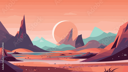 Abstract mars landscape with mountains and river under orange sky at sunset flat vector illustration