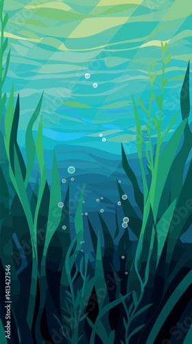 Underwater scene with seaweed and bubbles in vibrant shades of green and blue flat vector illustration