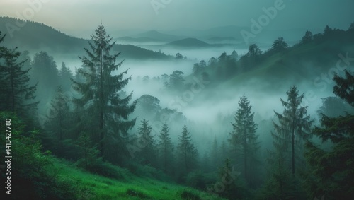 Fototapeta Naklejka Na Ścianę i Meble -  Breathtaking sight of stunning foggy mountains in a misty landscape. Striking and unique scenery. Travel backdrop. Discovering the beauty of the world.