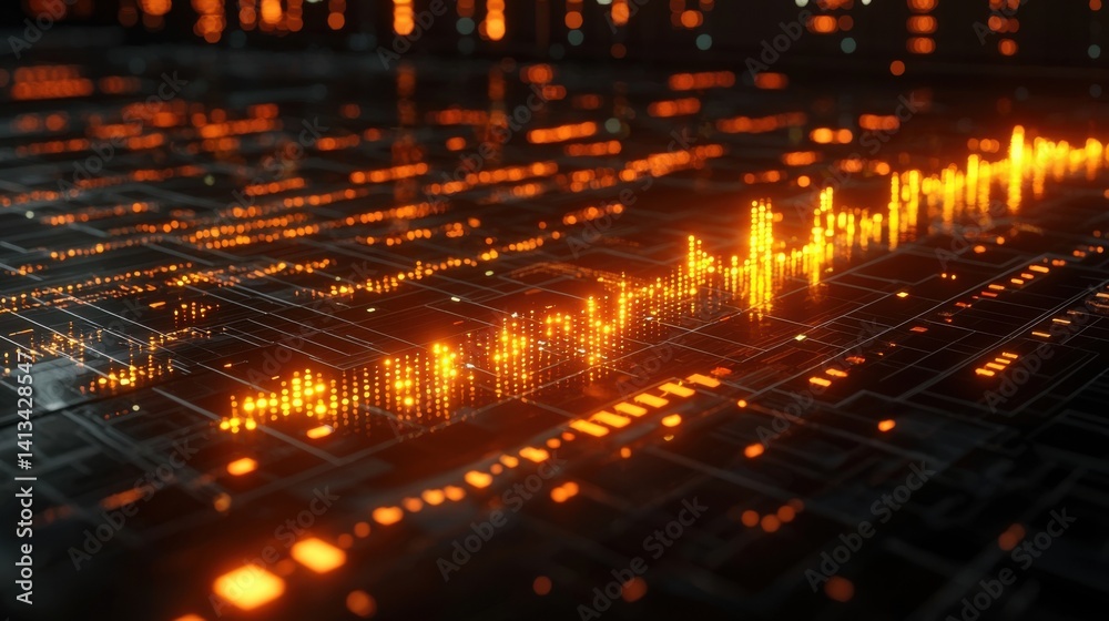 Obraz premium Abstract Digital Landscape with Data Visualization and Glowing Elements