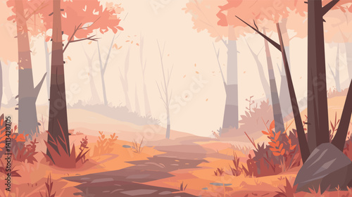 Autumn forest path with colorful foliage and fallen leaves flat vector illustration