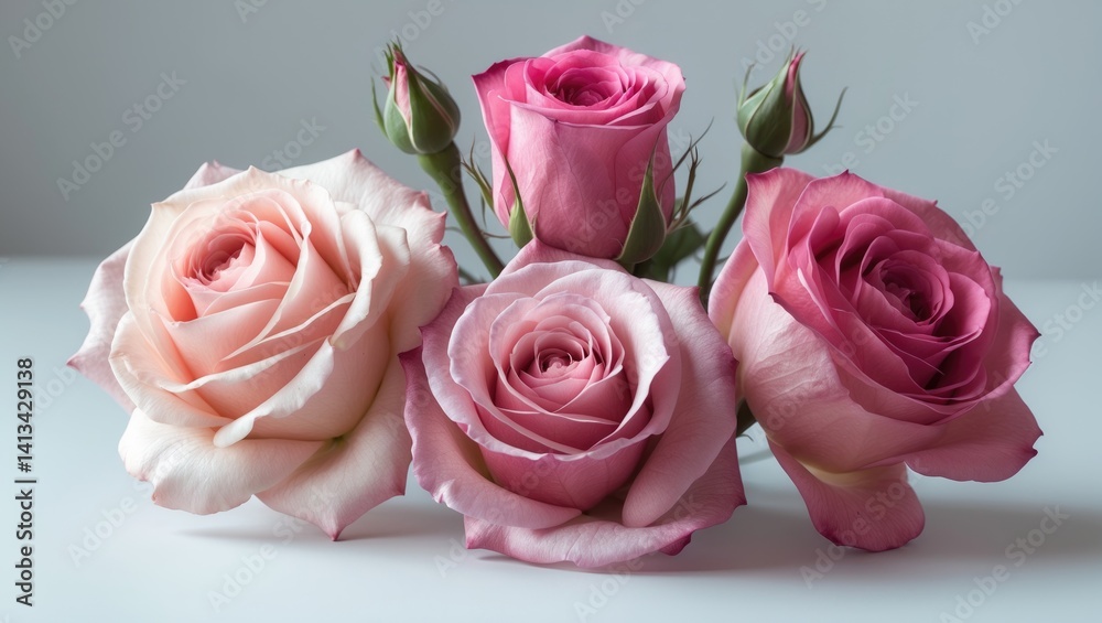 Fototapeta premium Three isolated pink roses on a white background