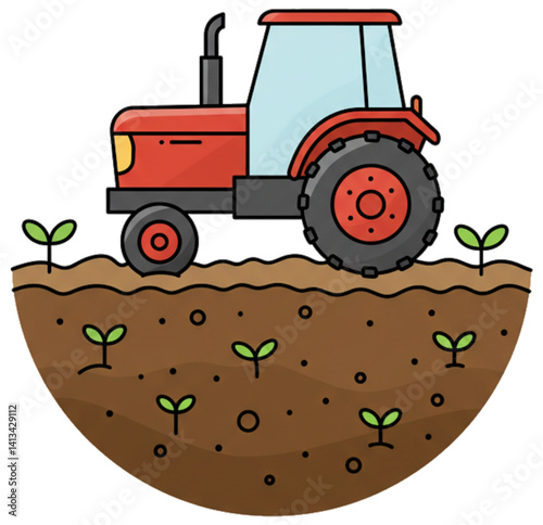 Red tractor working on farmland with sprouts.