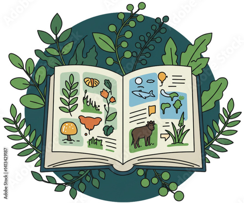 Detailed eco book with natural study illustrations.