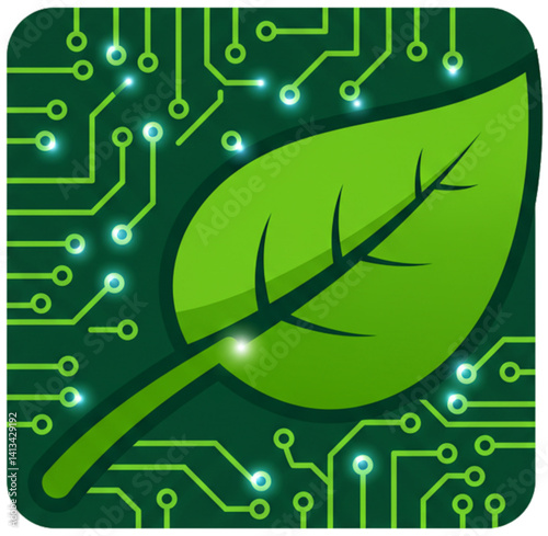 Tech circuit leaf glowing green.