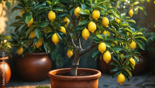 Potted ornamental lemon tree, a well-liked houseplant, featuring ripening fruit and glossy green foliage.
