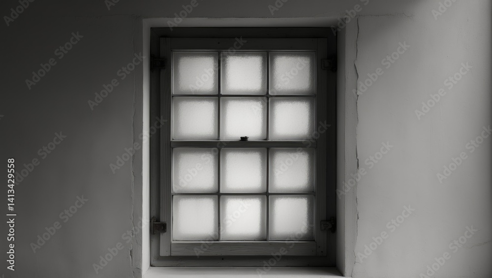 Black and white image of a glass window bordered by wooden framing and molded cement on an exterior wall, showcasing closed square forms and a rectangular blank area Black and white image of a glass window bordered by wooden framing and molded cement on an exterior wall, showcasing closed square forms and a rectangular blank area