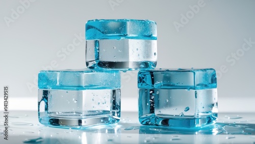 Three ice cubes against a white backdrop.