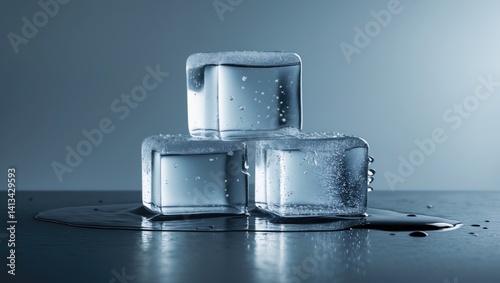 Three ice cubes melting on a glass tabletop