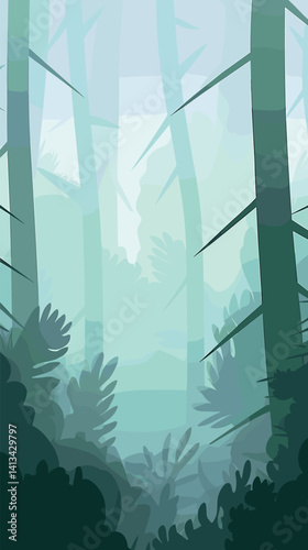Mystical jungle with lush foliage and tall trees in soft light flat vector illustration