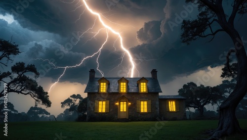 Lightning Striking the House Beneath a Gloomy Sky