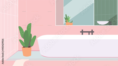 Minimalist bathroom with white tub, pink tiles, and cactus decor flat vector illustration