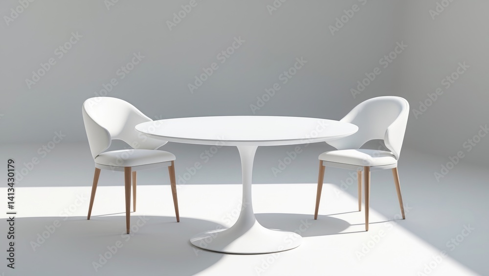Fototapeta premium Two chairs and a white round table set against a white backdrop