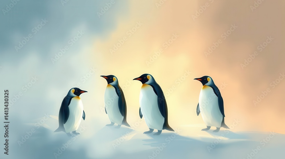Fototapeta premium Artistic Portrait of King Penguins Framed by Abstract Earth Tones